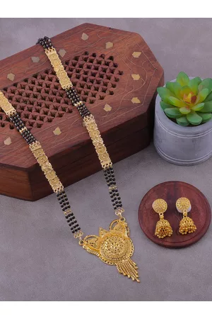 Brandsoon Gold Plated & Black Beaded Mangalsutra With Earrings