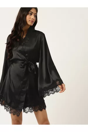 ETC Women Black Solid Satin Finish Robe With Lace Trims