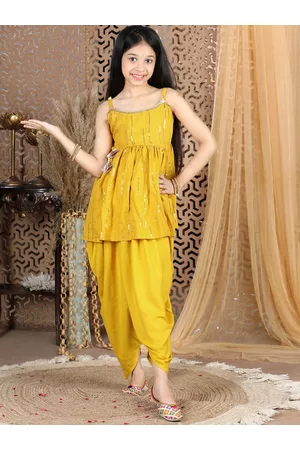 Cutiekins Girls Mustard Yellow Sequinned Peplum Top with Dhoti Pants