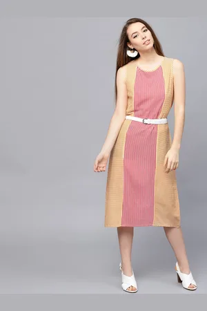 ATHENA Women Mustard Yellow & Red Striped A-Line Dress