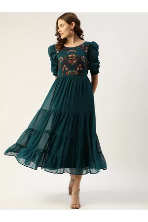 Antheaa Teal Green & Brown Floral Dobby Woven Embellished Maxi Tiered Dress