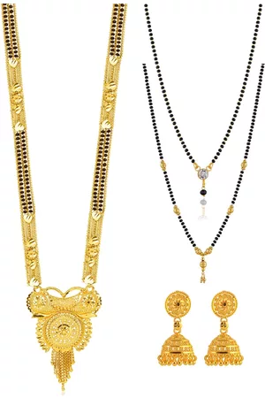 Brandsoon Set Of 4 Black & Gold-Plated Mangalsutra with Earrings