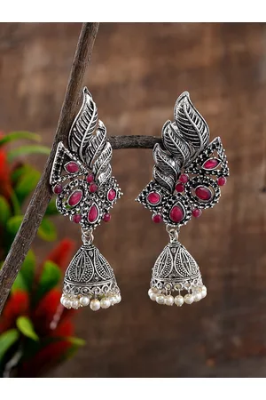 Silvermerc Designs Silver-Toned & Pink Contemporary Jhumkas