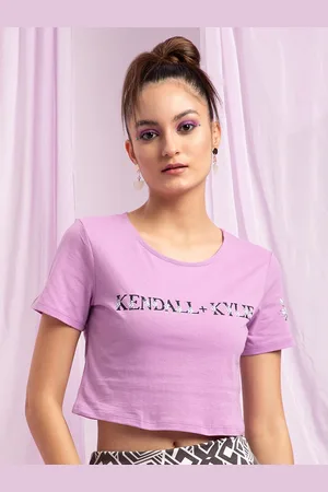 KENDALL + KYLIE Women Purple Typography Slim Fit 100% Cotton Crop T-shirt