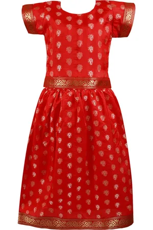Wish Karo Girls Red & Gold-Toned Embroidered Ready to Wear Lehenga &