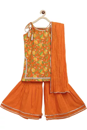 Tiber Taber Girls Orange Mango Printed Pure Cotton Kurti with Sharara & Dupatta