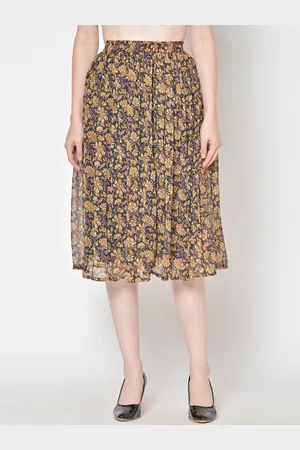 Cation Women Black & Yellow Floral Printed Flared Skirt