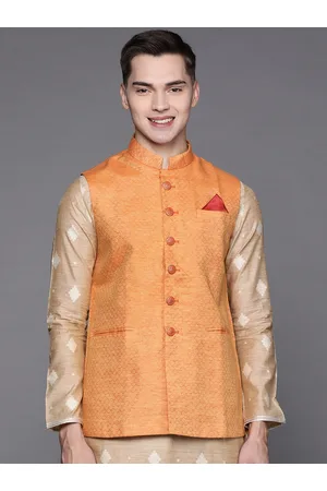 MANU Men Orange Woven Design Linen Nehru Jacket with Pocket Square