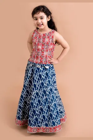 pspeaches Girls Blue & Red Printed Ready to Wear Lehenga &