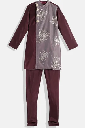 Ethnovog Boys Maroon Grey Made To Measure Sequined Kurta with Pyjamas