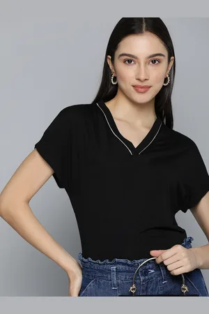 Chemistry Women Black Solid V-Neck Casual T-shirt