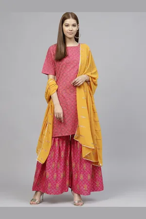 Ahalyaa Women Pink & Mustard Yellow Printed Kurta with Sharara & Dupatta