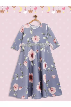 Ahalyaa Girls Blue Floral Printed Indigo Anarkali Kurta