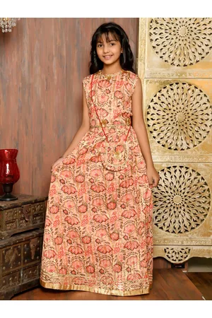 LilPicks Girls Peach-Coloured & Gold-Toned Printed Ready to Wear Lehenga &