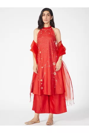 OKHAI Women Red Ethnic Motifs Embroidered Panelled Kurta with Palazzos & With Dupatta