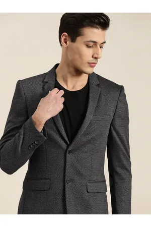 Invictus Men Charcoal Grey Self Design Single-Breasted Slim Fit Smart Casual Blazer