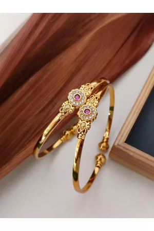 Shining Diva Set Of 2 Gold-Plated White & Pink Stone-Studded Adjustable Bangles