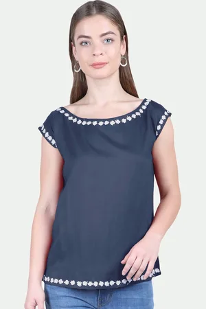 PATRORNA Women Grey Floral Lace Boat Neck Short Sleeves Top