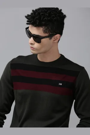 Arrow Men Olive Green & Burgundy Striped Pullover
