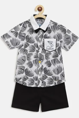 Nauti Nati Boys Black & White Printed Pure Cotton Shirt with Shorts
