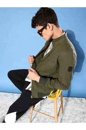 WROGN Men Olive Green Solid Pure Cotton Bomber Jacket