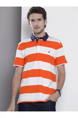 Nautica Men Orange & White Striped Polo Collar Pure Cotton Casual T-shirt