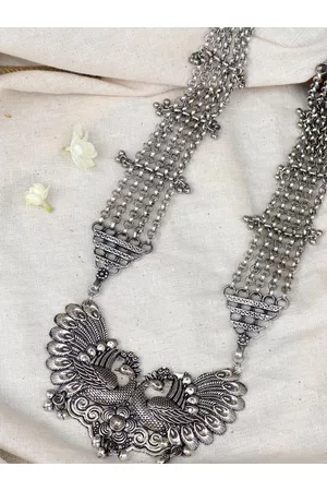 TEEJH Women Silver-Toned & Silver-Plated Peacock Oxidized Long Necklace