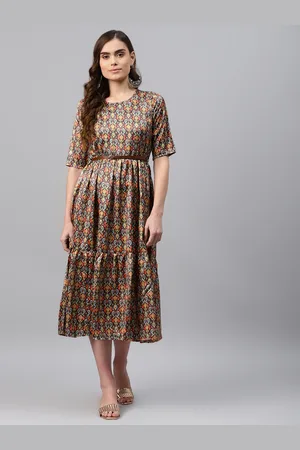 Rangriti Brown Ethnic Motifs Printed Midi Dress