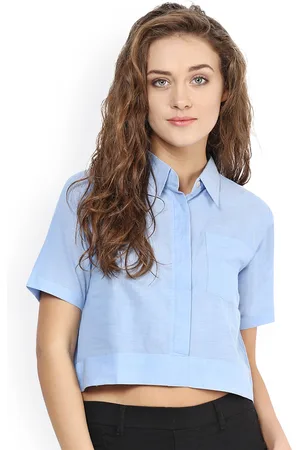Miss Chase Women Blue Solid Crop Casual Shirt