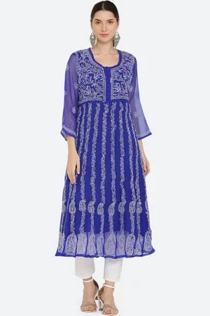 FAWOMENT Women Blue Ethnic Motifs Embroidered Chikankari Georgette Kurta