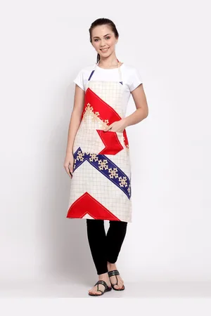 Arrabi Woman Beige Geometric Cotton Blend Apron with 2 Patch Pockets