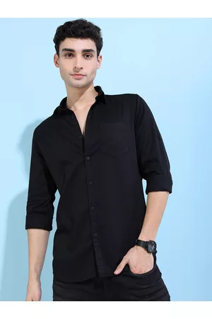 Highlander Men Black Long Roll-Up Sleeves Slim Fit Casual Shirt