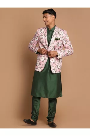 Vastramay Men Green Kurta With Pyjamas & With Floral Printed Blazer