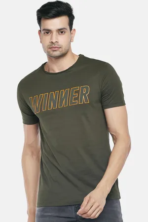 PEOPLE Men Olive Green & Mustard Yellow Typography Printed Pure Cotton T-shirt