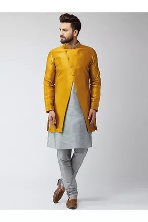 SOJANYA Men Grey & Mustard Yellow Self-Design Sherwani Set