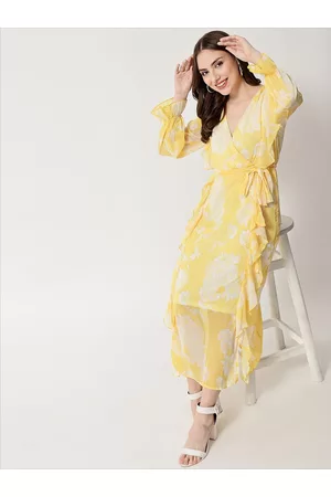 HERE&NOW Yellow Floral Printed Chiffon Maxi Dress