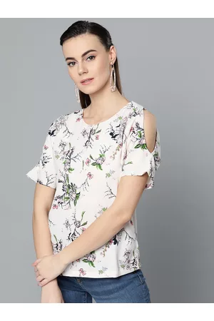 marie claire Women Off-White & Green Cold-Shoulder Printed Top
