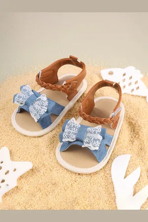 KICKS & CRAWL Girls Blue Denim Open Toe Flats with Lace Detail Bows