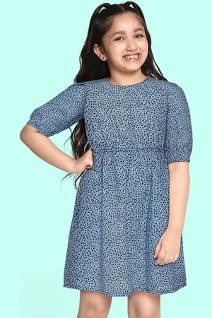 HERE&NOW Girls Blue & Black Cotton Abstract Print A-Line Dress