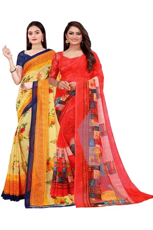 Florence Pack Of 2 Women Yellow & Red Printed Pure Georgette Saree With Unstitched Blouse