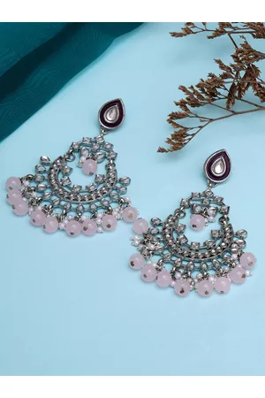 karatcart Women White And Purple Oxidized Silver Beads And Kundan Chandbali Earring