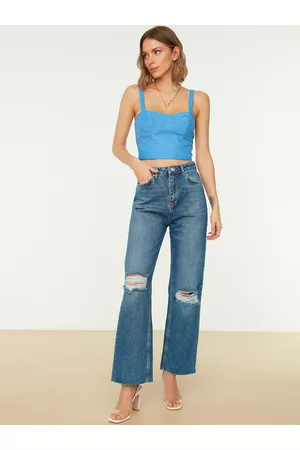 Trendyol Women Blue Wide Leg Mildly Distressed Light Fade Jeans