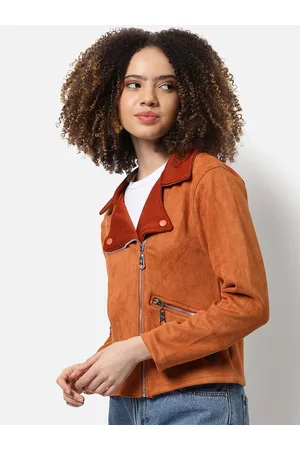 Campus Women Brown Solid Suede Regular Fit Windcheater Biker Jacket