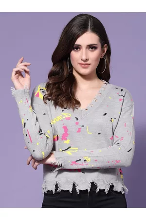 KASSUALLY Women Grey & Pink Printed Crop Pullover