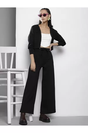 Sassafras Women Black Solid Hooded Jacket with Track Pants