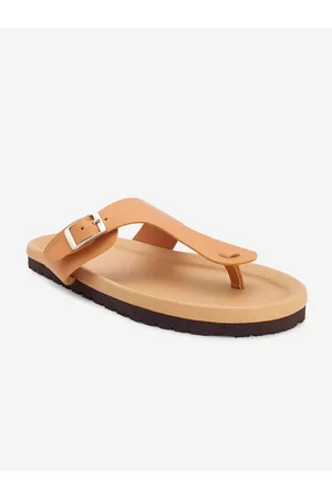 THE MADRAS TRUNK Men Tan Leather T-Strap Comfort Sandals with Buckles