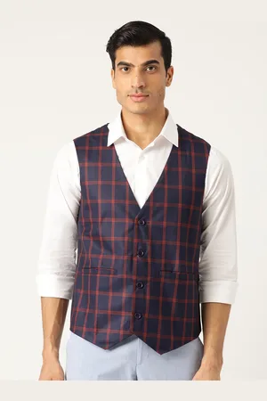 SOJANYA Men Navy Blue & Red Checked Waistcoat
