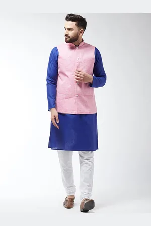 SOJANYA Men Blue & Pink Solid Kurta And Churidar With Jacket