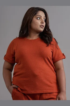 Spirit Animal Women Plus Size Rust Self Design Roll-Up Sleeves Lounge Top