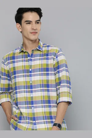 Mast & Harbour Men Blue & Green Checked Cotton Linen Casual Shirt